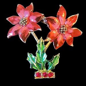 Red Potted Poinsettia Flower Pot  Brooch Pin Signed BJ